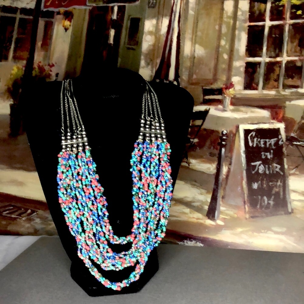 Vintage Multistrand Seed Bead Necklace in Turquoise & Coral